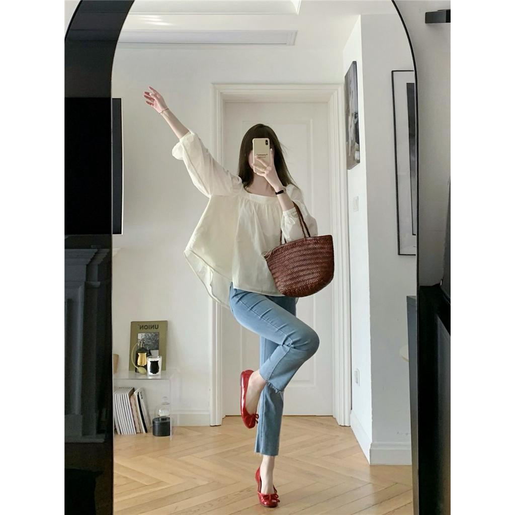 61937 Áo Sơ Mi Cổ Vuông Màu Rắn Rời Mùa Hè