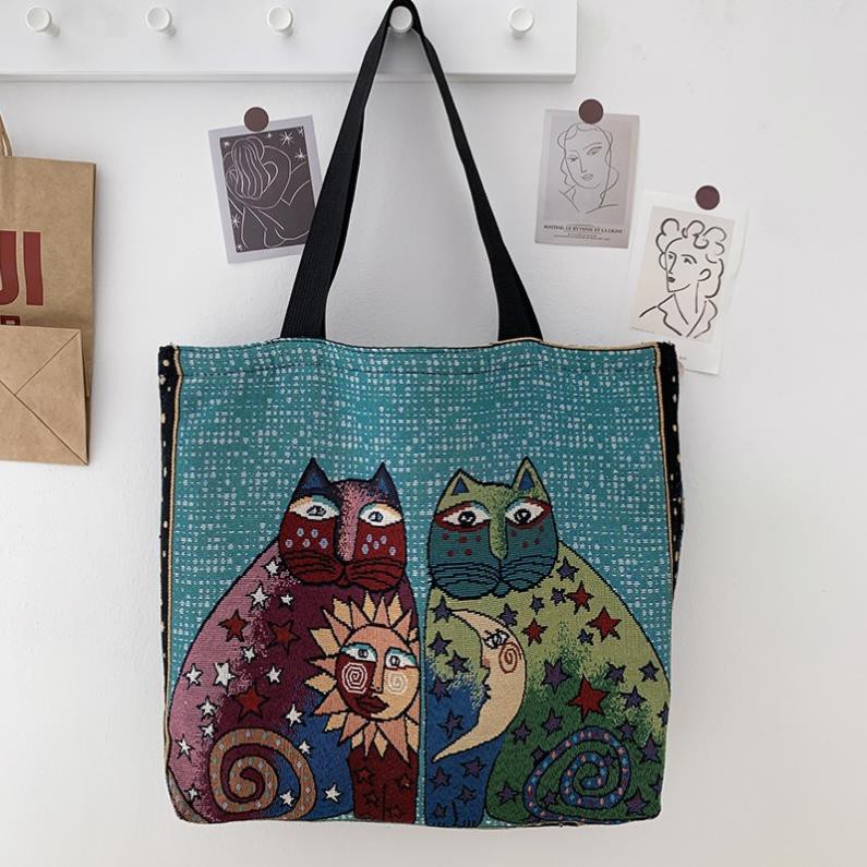 Túi tote, túi vải canvas đeo vai ReTro Châu Âu họa tiết thổ cẩm xinh xắn