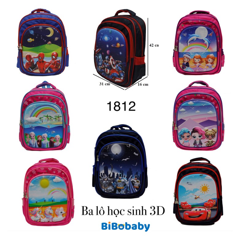 BA LÔ HỌC SINH CẤP 1 SIÊU NHẸ CHỐNG THẤM NƯỚC HỌA TIẾT HÌNH 3D DỄ THƯƠNG 1812