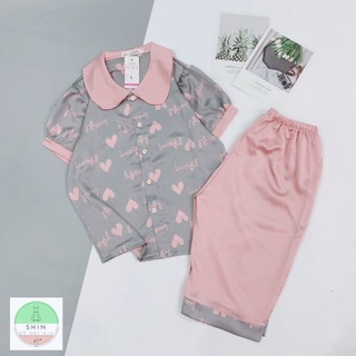 Bộ pyjama lụa quần lửng hồng siêu xinh ảnh thật