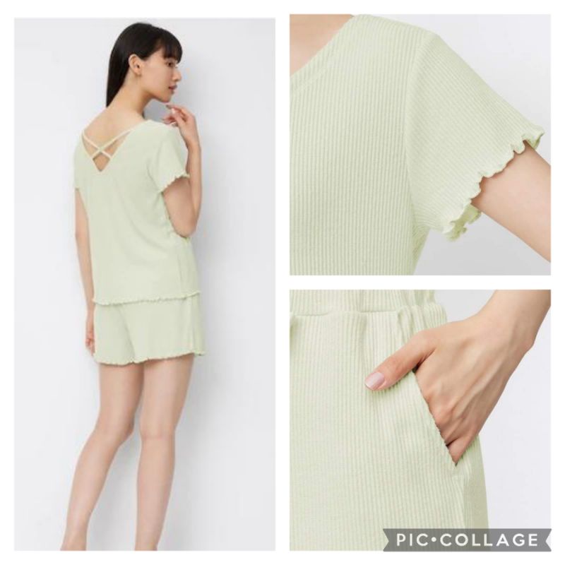 (GU Nhật chính hãng) Nữ - Bộ mặc nhà áo ngắn tay quần cộc chất thun tăm mềm mại nơ eo - Waist Ribbon Rib Lounge Set