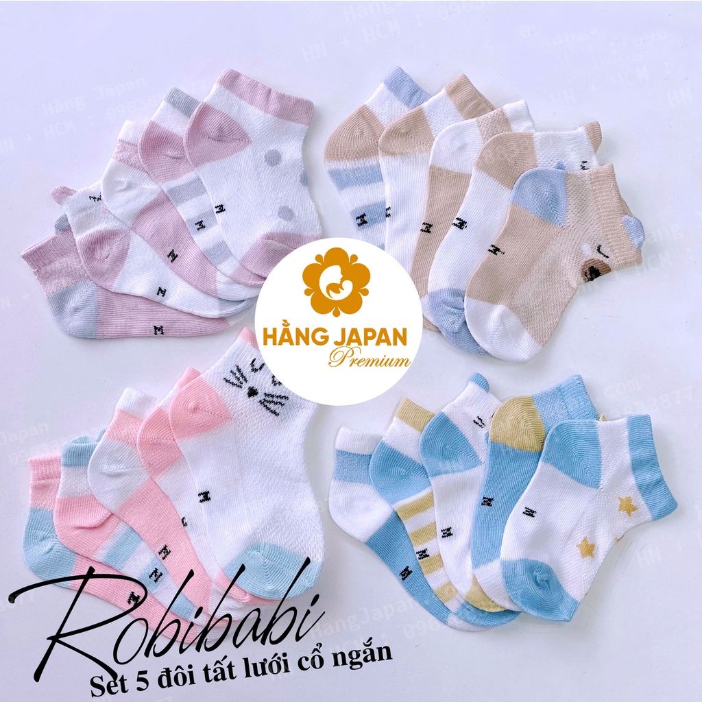 Set 3 đôi / 5 đôi tất lưới cotton Robibabi thoáng khí mềm mịn, giữ ấm cho bé từ sơ sinh