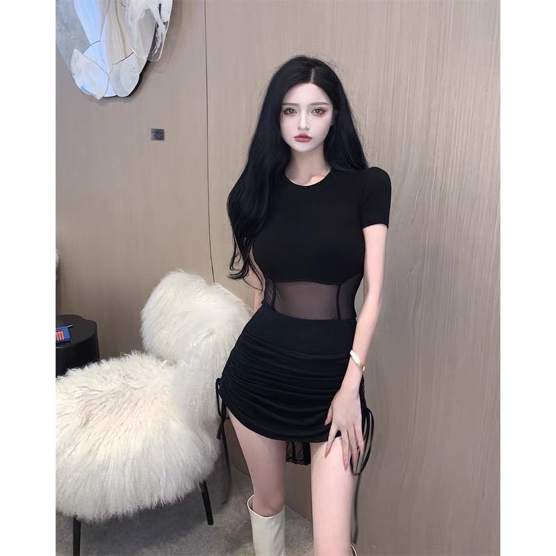 Set tách lẻ- Có sẵn- Áo thun phối lưới sexy, chân váy rút