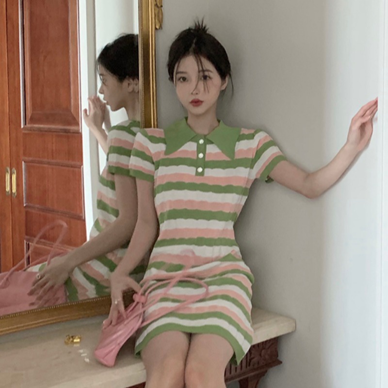 Đầm dệt kim ZHELIHANGFEI kẻ sọc cổ polo dáng ôm phong cách gợi cảm cho nữ