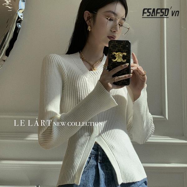 Áo Len Nữ Dài Tay Cổ Chữ V Xẻ Tà Thời Trang