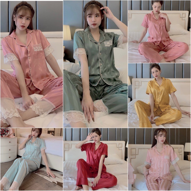 Đồ Bộ Pijama - Bộ Ngủ Lụa GẤM Kẻ Phối Ren Cao Cấp [ẢNH THẬT+VIDEO]