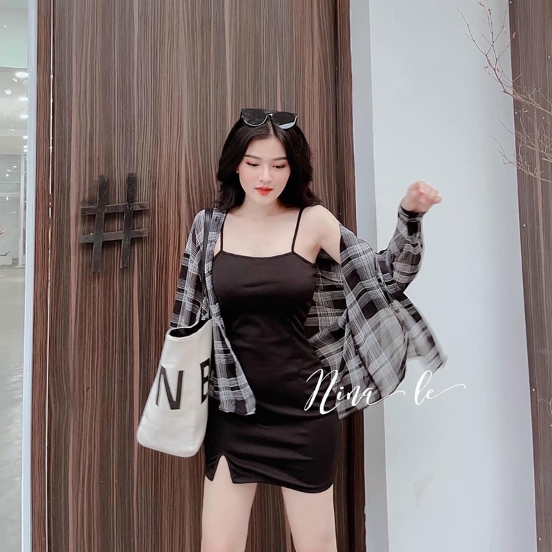 Set đầm Body + áo sơ mi caro bigsize 50-90kg