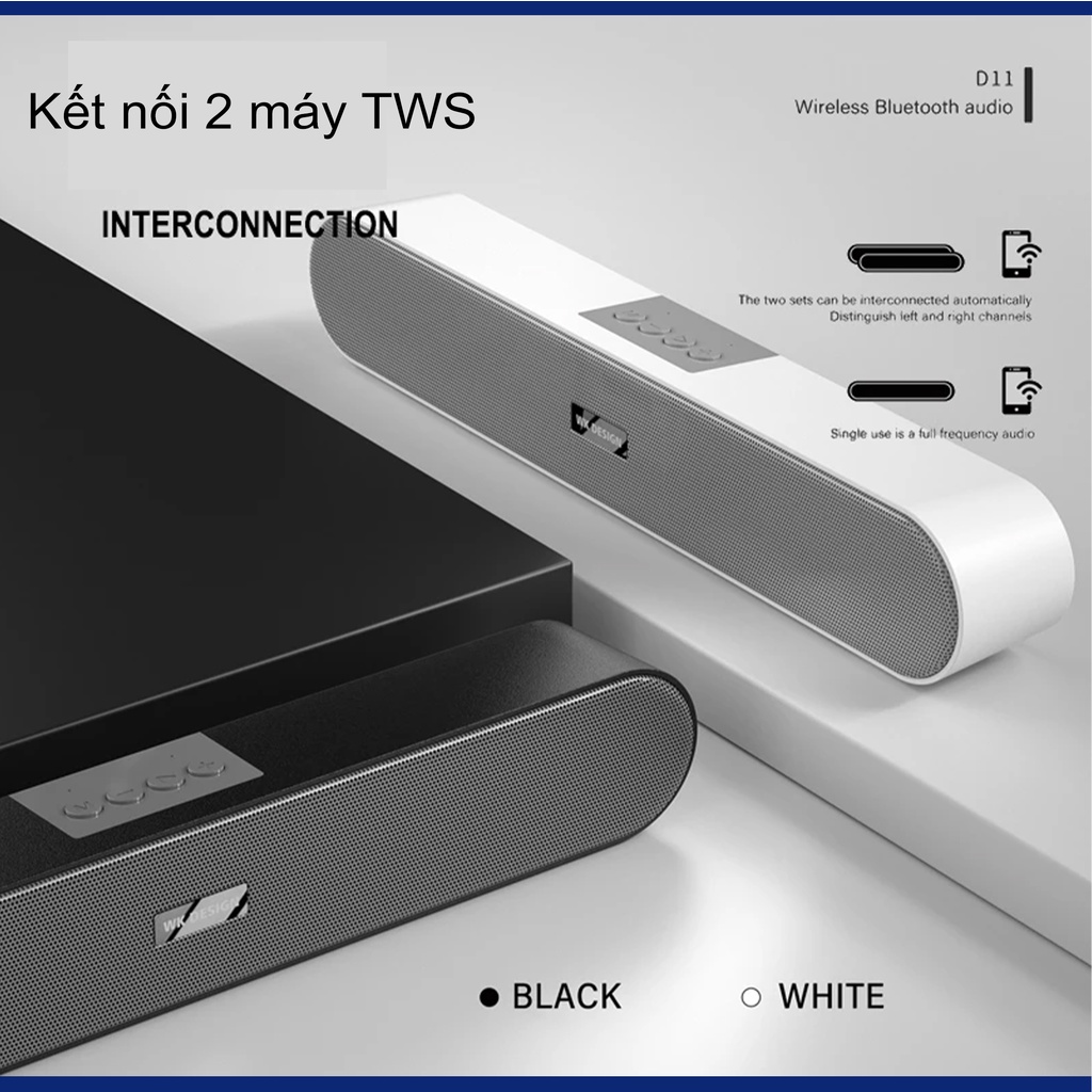 Loa bluetooth mini WK DESIGN D11, Loa thanh mini bluetooth V5.0 hỗ trợ USB thẻ nhớ Jack 3.5 kết nối máy tính | Cún Store