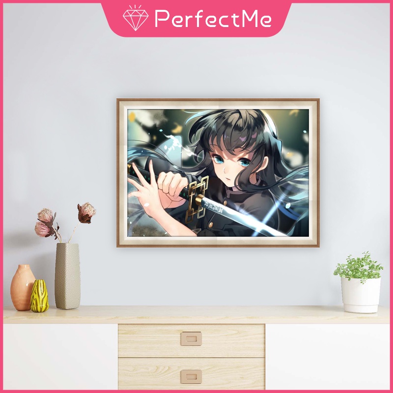 Tranh Đính Đá 5D Tự Làm Hình Anime Demon Slayer 40x30cm Trang Trí Nhà Cửa