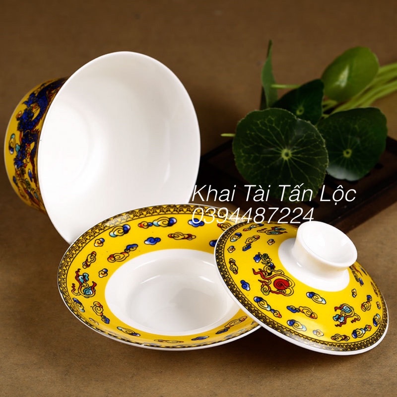 Chén Khải , chén trà có nắp rồng vàng Trung Quốc kiểu cổ trang