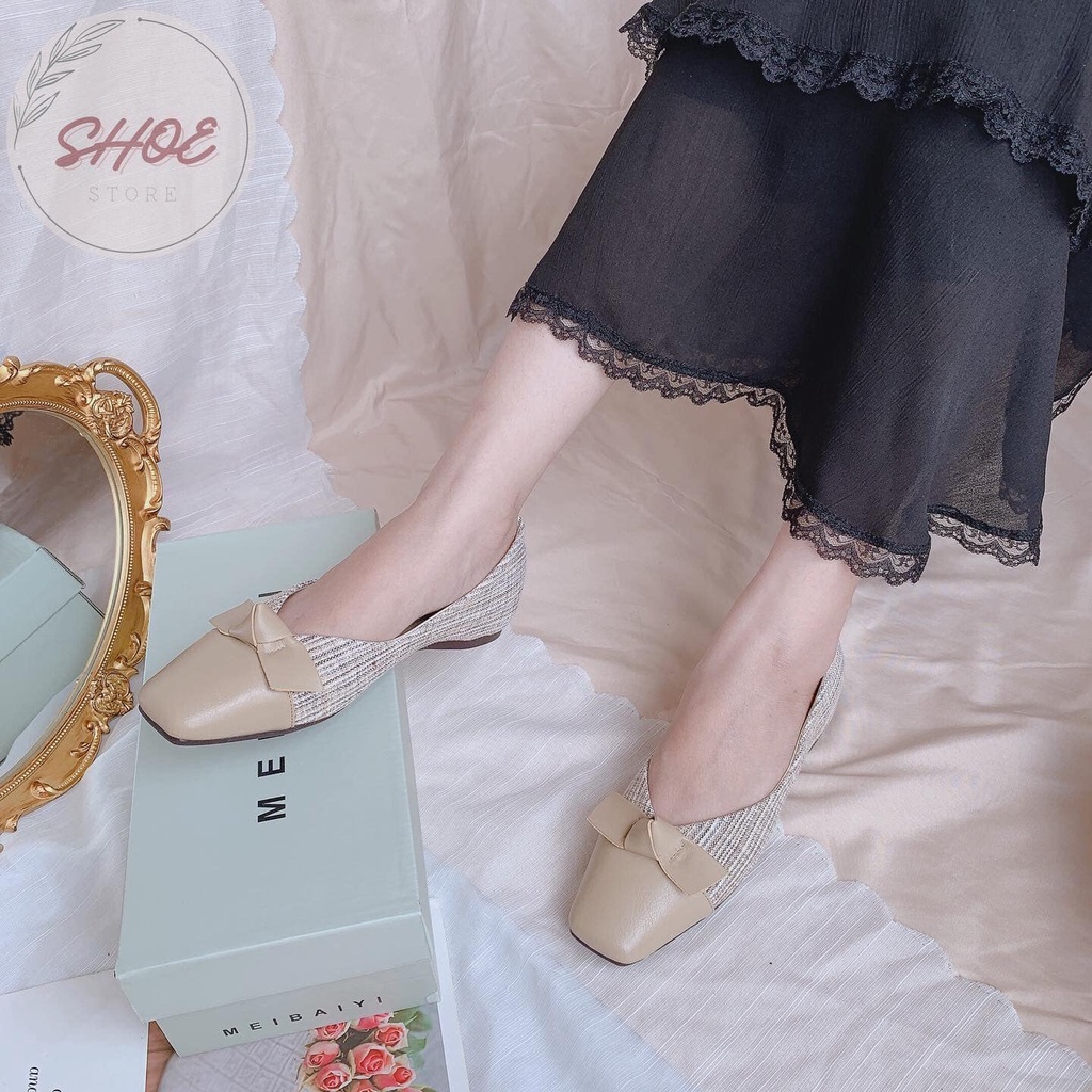 Bệt mũi tù nơ phối đen trắng kem bò K85-21A