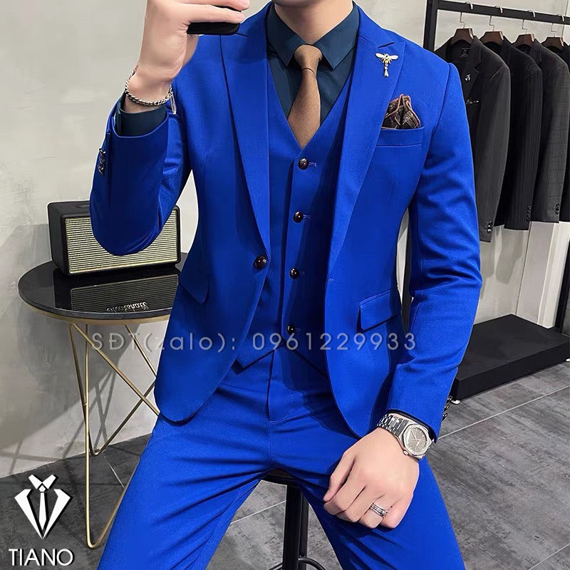 Bộ Vest nam form ôm body màu Xanh Coban chất vải dày mịn co giãn nhẹ, form ôm đẹp. Suit Nam Cao Cấp - TIANO STORE