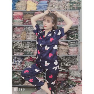 Sét Bộ Đồ Ngủ Lụa Satin Pijama, SỌC TRÁI TIM - Free Size