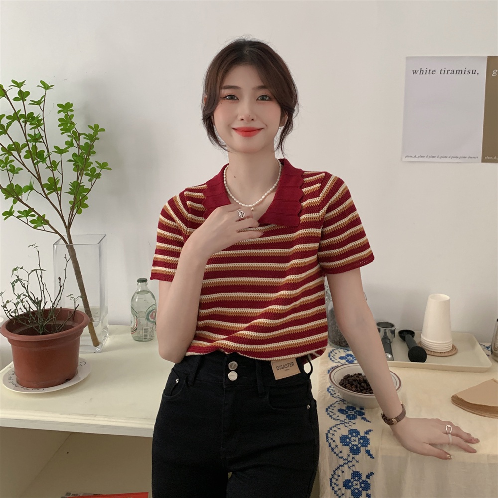 [Hana And Alice] Áo Thun POLO Dệt Kim Ngắn Tay Kẻ Sọc Kiểu Retro Thời Trang