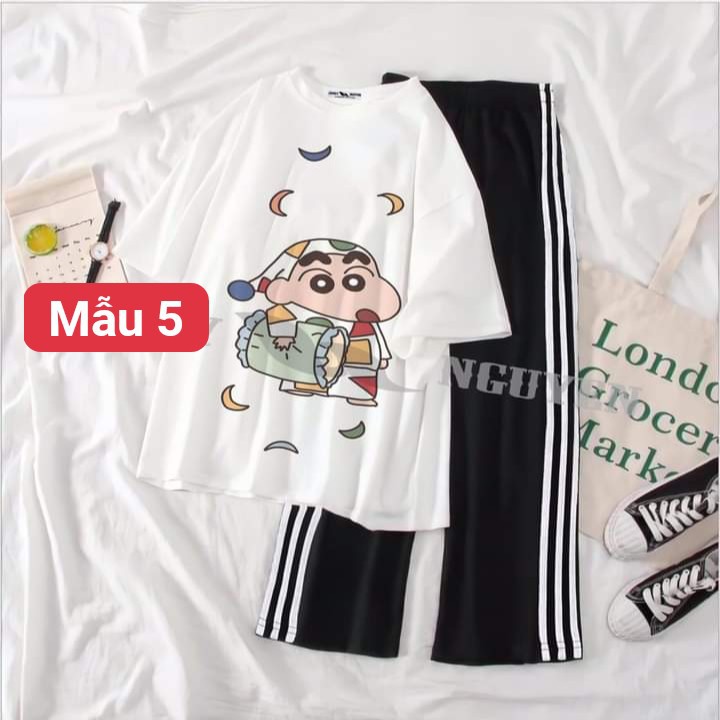 Các mẫu áo thun hình cute + quần ống rộng 3 sọc dài xinh xắn ( compo 2) cực cute