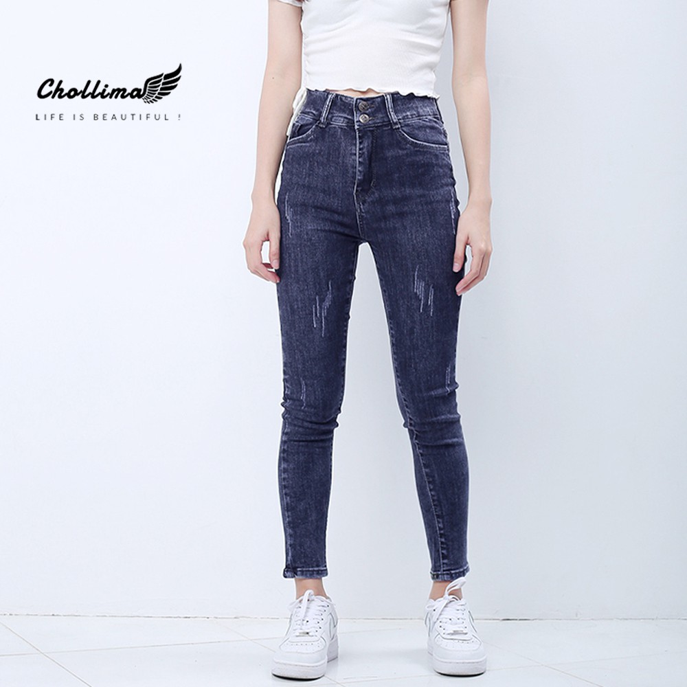Quần jeans nữ co giãn Chollima cạp siêu cao mài xước màu xanh xám QD038 phong cách trẻ trung năng động