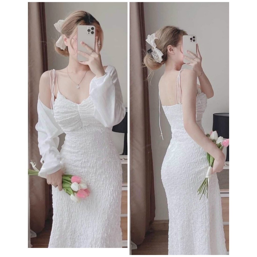 T15 set đầm midi trắng 2 dây nhún ngực tiểu thư dự tiệc kèm áo khoác tay phồng dịu dàng đám cưới