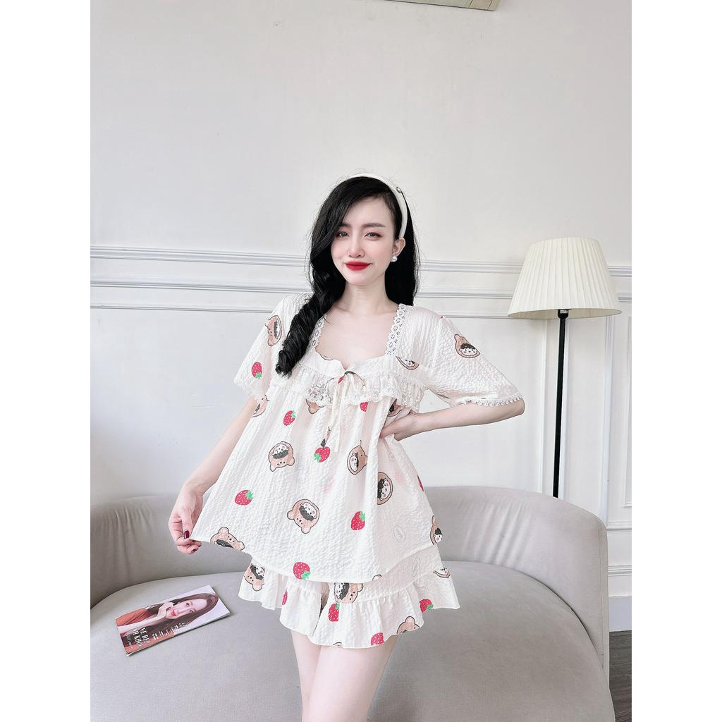 ]Đồ Bộ Freesize/ Pijama Đồ Ngủ Nữ Tay Ngắn Quần Đùi Đũi Xốp Dễ Thương