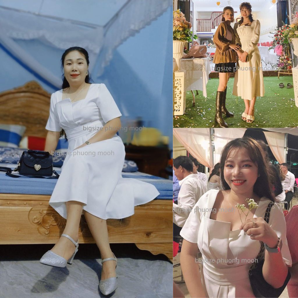 Đầm Bigsize nữ, váy bigsize nữ dự tiệc, đám cưới cho người mập cổ vuông, xếp ly eo che mỡ bụng cho người mập - Moohan