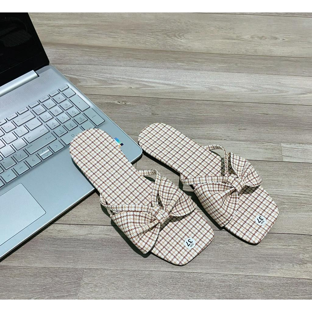 Dép nữ quai nơ caro mùa hè xinh xắn đế bệt