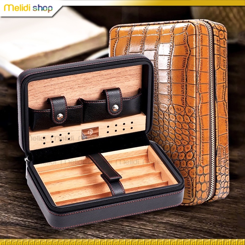 COHIBA QU8 - Bao Da 4 Điêu Cigar Cao Cấp Sang Trọng, Hộp Đựng Nhiều Ngăn, Túi Da Đựng Bảo Quản Giữ Ẩm Box Humidor
