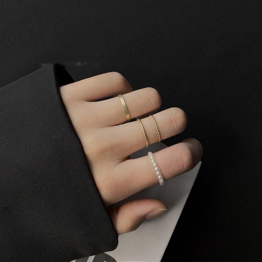Bộ Bốn Nhẫn Đính Ngọc Trai Phong Cách Harajuku Cổ Điển Đơn Giản