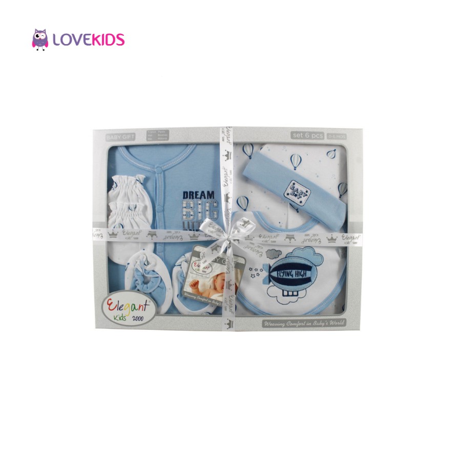 Set quà tặng sơ sinh cao cấp Lovekids 6 chi tiết, 100% cotton mềm mịn, an toàn cho làn da của bé, size từ 0 đến 6 tháng