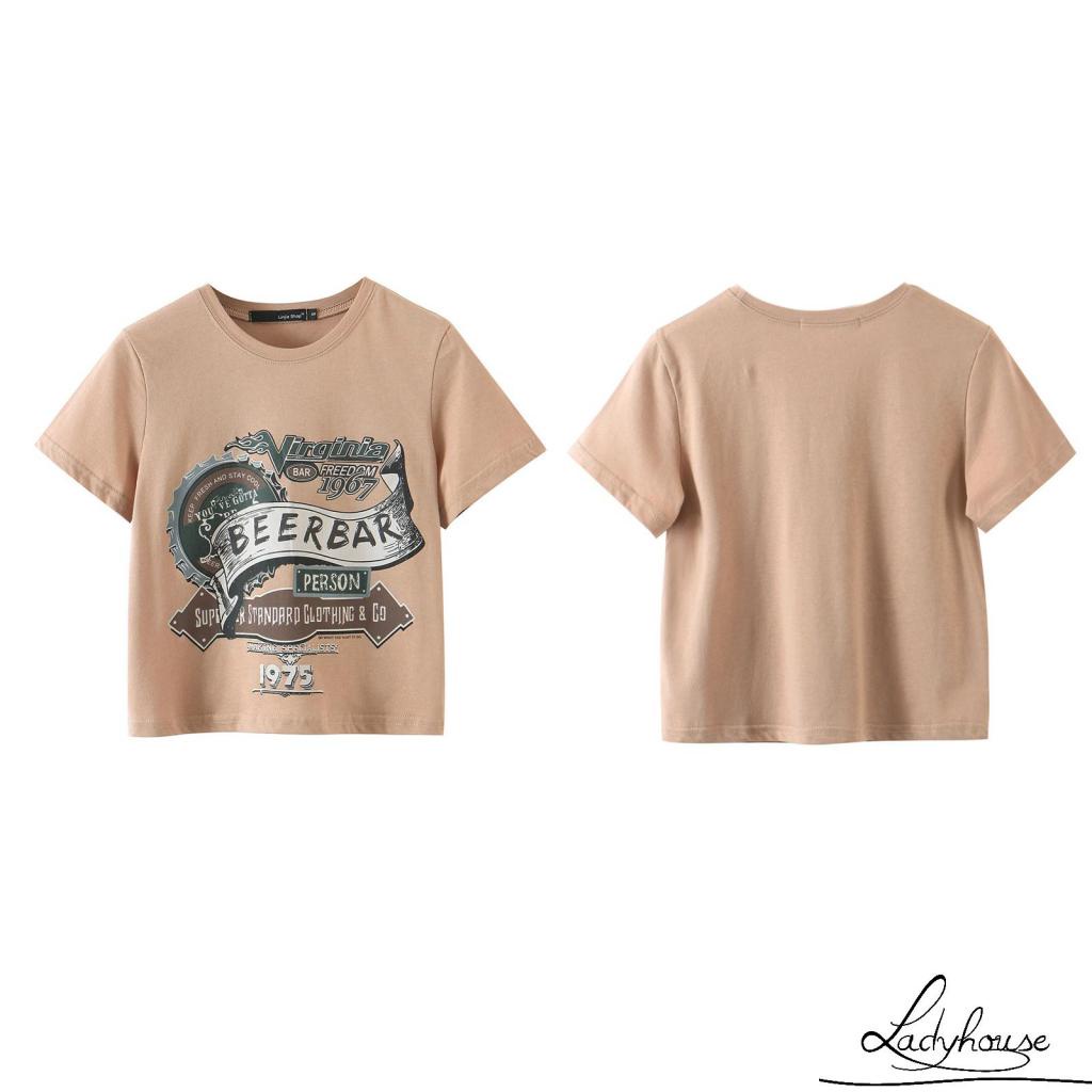 Áo thun tay ngắn cổ tròn in chữ phía trước phong cách vintage dành cho nữ