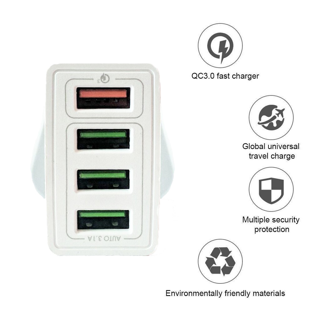 Sạc Dự Phòng Quick 3.0 Wall 4 Port USB Fast Charging Portable Adapter Multi-port British Regulations, Multi-USB Mobile Phone Travel Charger Sạc Iphone Android Type C