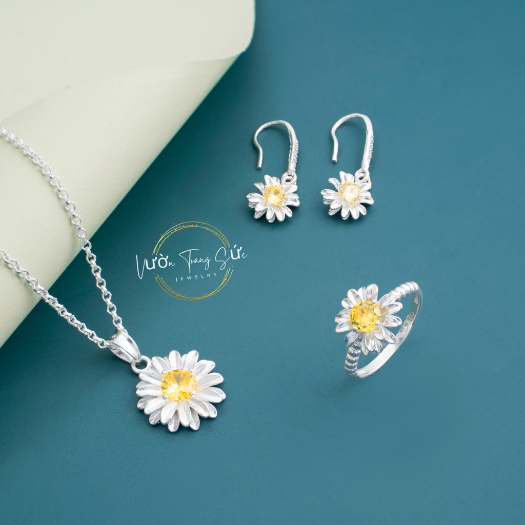 Bộ trang sức bạc 925 hoa cúc họa mi cao cấp dây chuyền, bông tai nhẫn bạc thời trang phụ kiện nữ