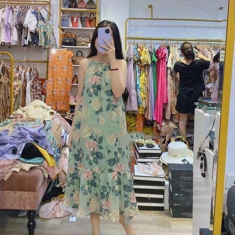 Đầm bầu maxi hai dây suông -Váy bầu von nhẹ hoa nhí