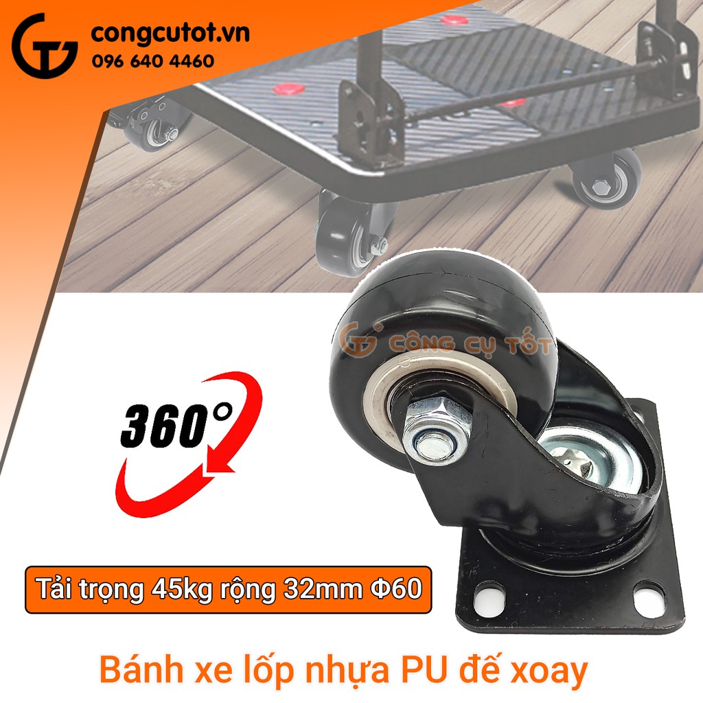 Bánh xe đẩy mặt đế xoay càng sắt tải trọng 45kg lốp nhựa PU đen rộng 32mm Φ60mm