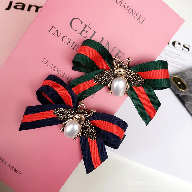 Korean Dongdaemun New Square Meters Vintage Pearl Little Bee Red and Green Stripes Red and Blue Ribbon Hair Ring Hair Rope Head Tie Female