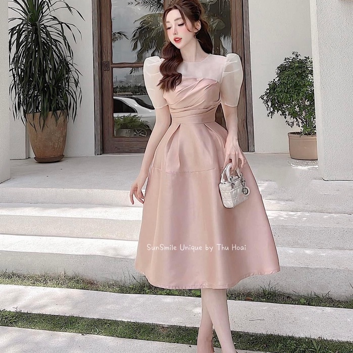 Đầm thiết kế LINH RUBI STORE váy dự tiệc tafta phối tơ xếp ngực chéo chân váy xòe đổ dài sang chảnh V665