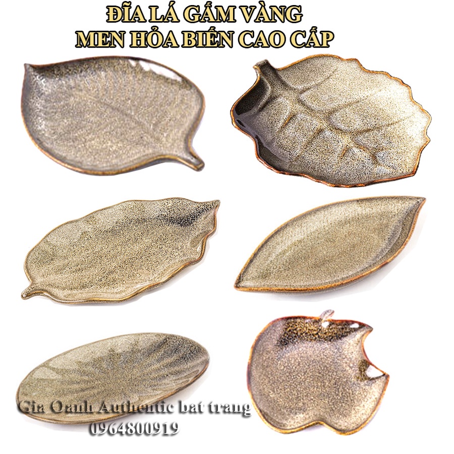 Đĩa lá gấm vàng/ đĩa ăn trang trí men hỏa biến cao cấp sang trọng - Gốm sứ Gia Oanh Authentic Bat trang