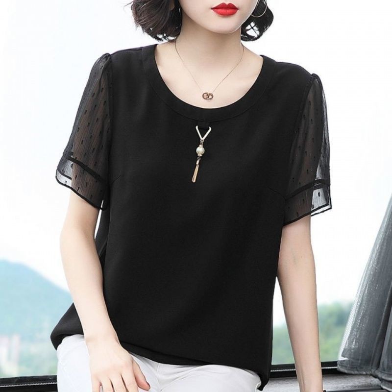 Đen Áo Sơ Mi Chiffon Tay Ngắn Dáng Rộng Thời Trang Mùa Hè Cho Nữ Trung Niên