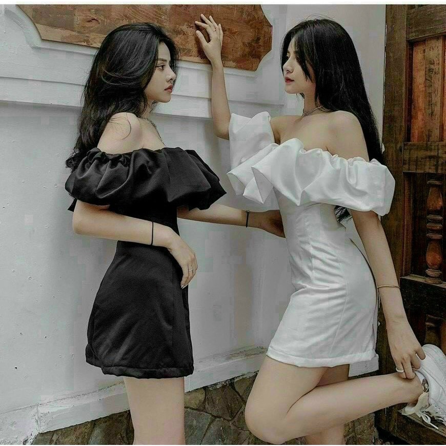 Đầm trễ vai body xếp bèo cá tính màu đầm trắng, đen vải dày dặn tôn dáng trẻ trung quyến rũ thời trang nữ ARAVA
