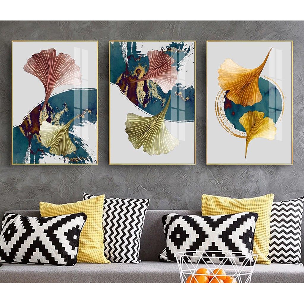 Bộ 3 Tranh Treo Tường Lá Bạch Quả Phong Thuỷ Phật Giáo Vải Canvas Đẹp Hơn Tranh Tráng Gương Trang Trí - MELYHOME DECOR