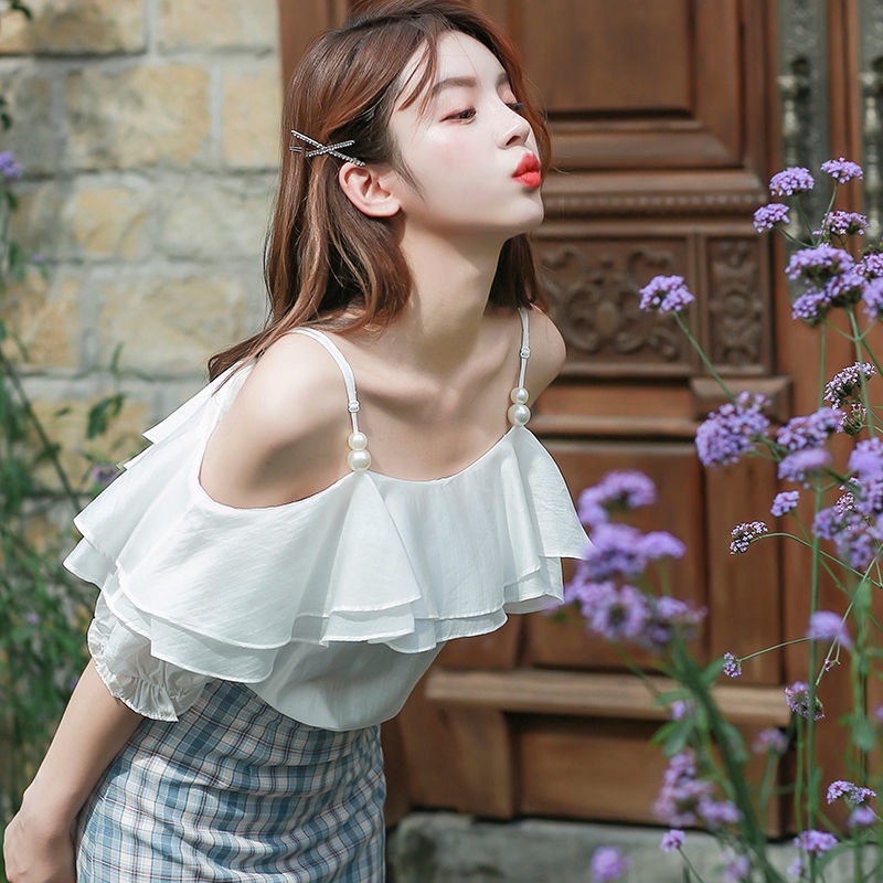 Áo Voan Trễ Vai Hai Dây Nhún Bèo Màu Tím Phong Cách Thời Trang Mùa Hè Quyến Rũ Dành Cho Nữ