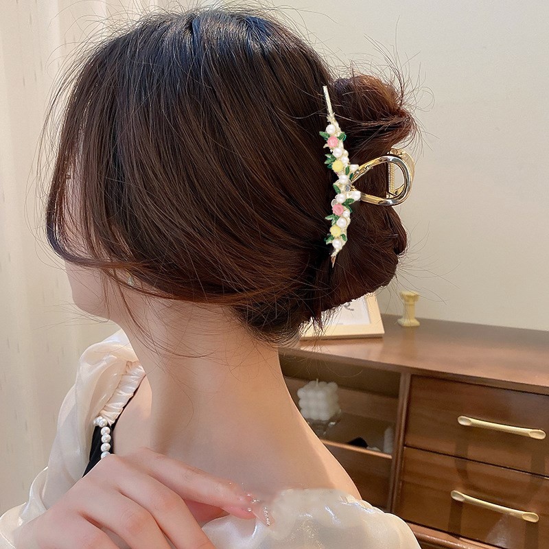 Haimeikang kẹp tóc kim loại lớn đính đá và ngọc trai nhân tạo thời trang