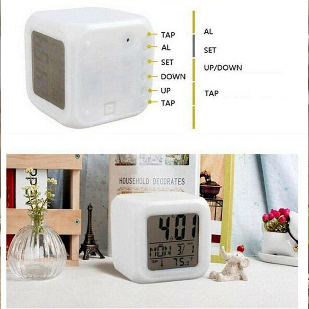 LUCKY Children's Gifts Square Clocks Thermometer LED Display Alarm Clock Portable White Multifunctional Colorful Discoloration Digital