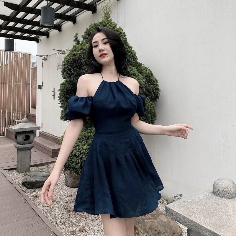 🦋Đầm Xanh Cồ Yếm Rớt Vai🦋