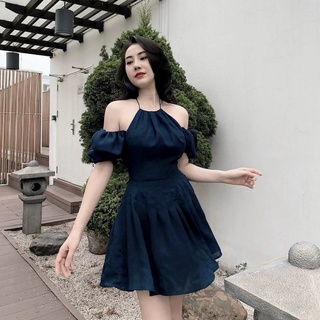 🦋Đầm Xanh Cồ Yếm Rớt Vai🦋