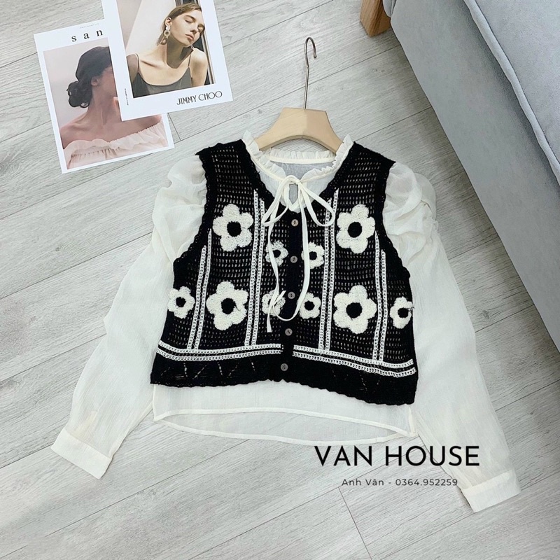 Set áo sơ mi kèm áo len hoa nổi A279