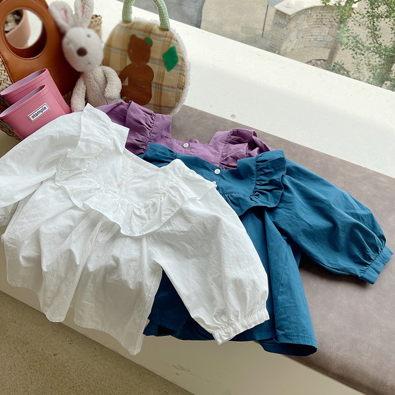 Áo Sơ Mi Trắng Tay Dài Phồng Phối Ren Chất Liệu Cotton Thời Trang Cho Bé Gái