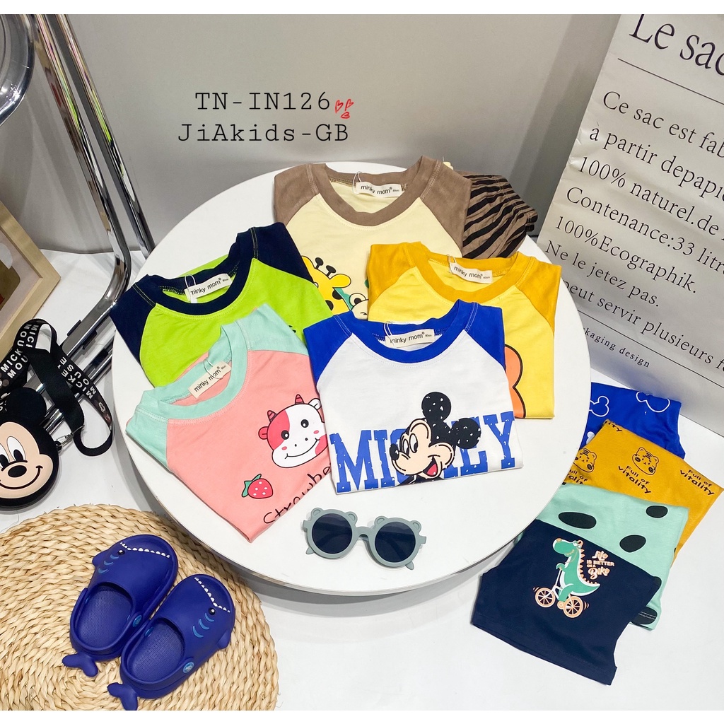 Bộ Cộc Tay THUN LẠNH MINKY MOM Giáp Lăng Phối Màu Quần Áo In Hình Dễ Thương Cho Bé TN-IN126
