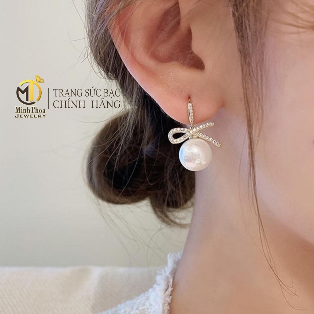 Khuyên tai nữ bạc đẹp, bông tai nữ bạc 925 dáng dài hạt tròn đính đá Minh Thoa JEWELRY