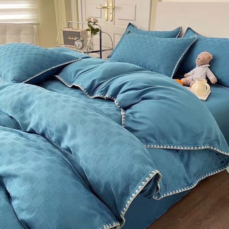 Chăn ga gối Cotton dệt ô vuông viền hoạ tiết SHOP vũ thị thơm