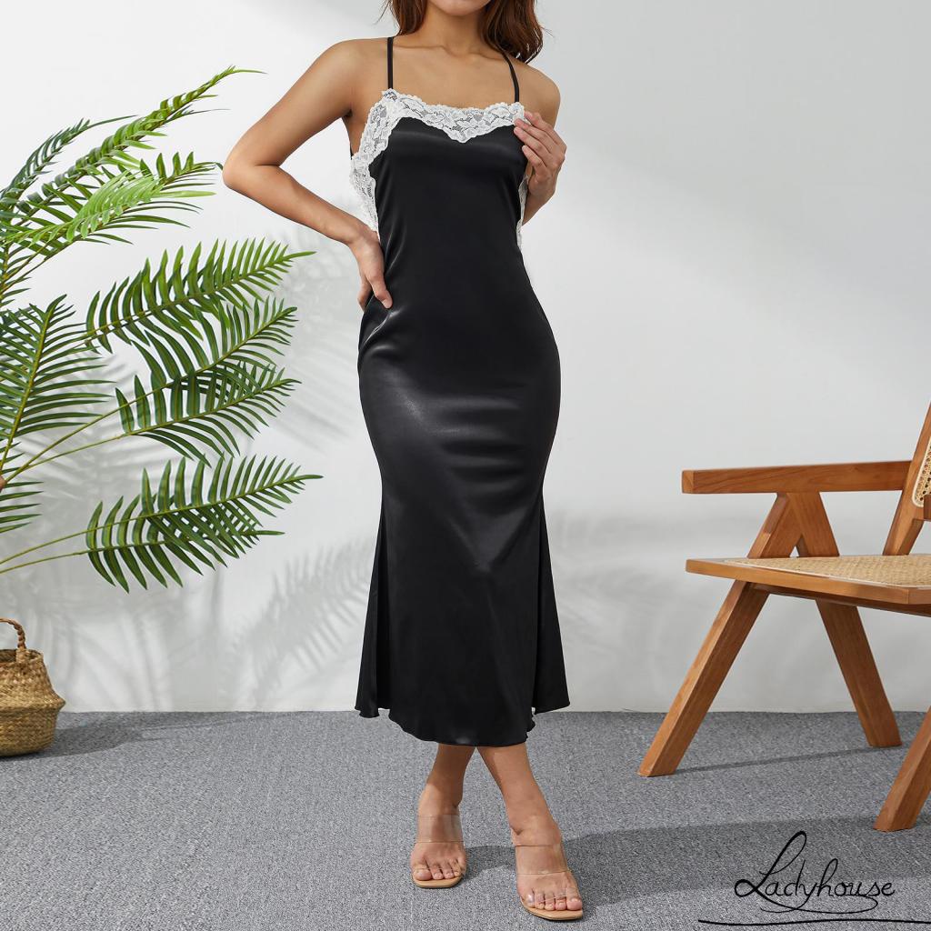 Ldd-đầm Dài Hai Dây Mỏng Màu Đen Trang Trí Ren Trang Trí Tiệc Tối Dành Cho Bạn Nữ