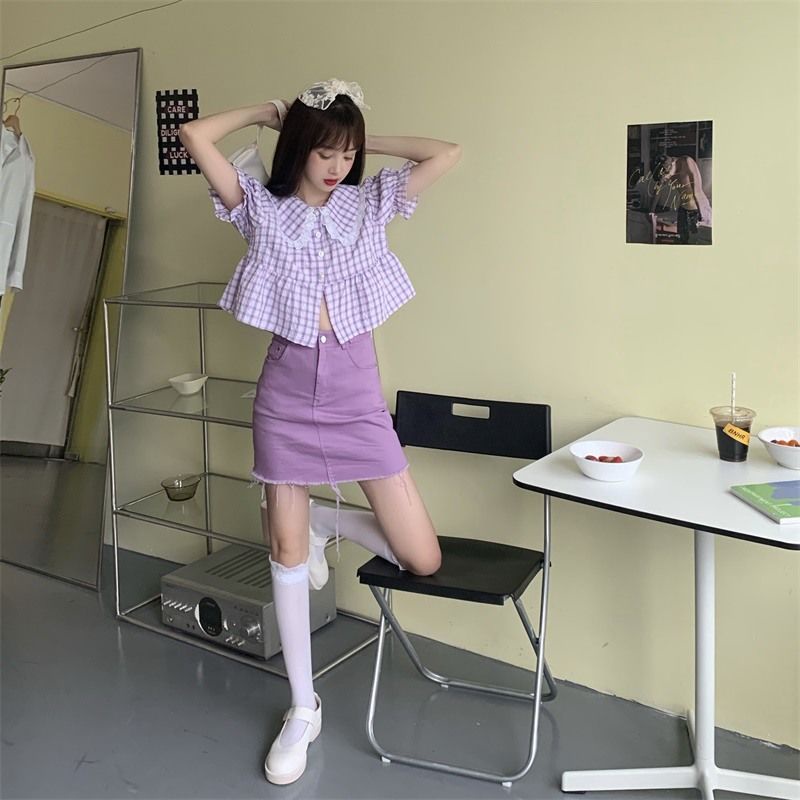 Chân váy IELGY eo cao màu tím ngọt ngào phong cách Nhật Bản cho nữ